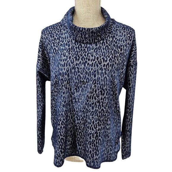 Sno Skins Leopard Print Cowl Neck Top Blue Women's M Relaxed Preppy Artsy Boho - Picture 1 of 10